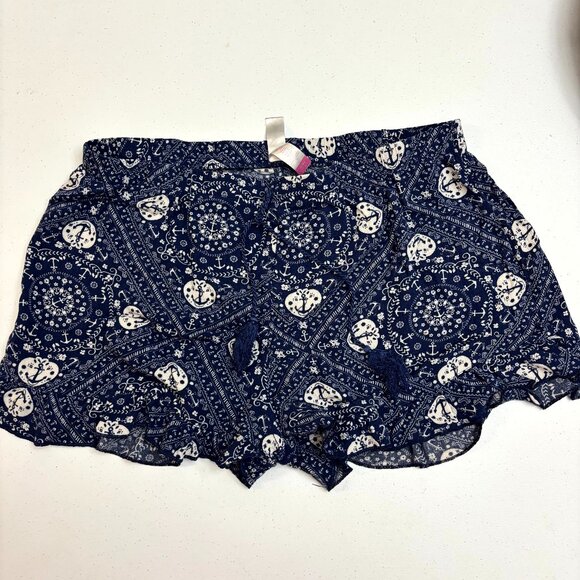No Boundaries Navy Bandana Print Shorts – Boho Nautical Tassel Trim, XL (15–17) - Picture 1 of 8
